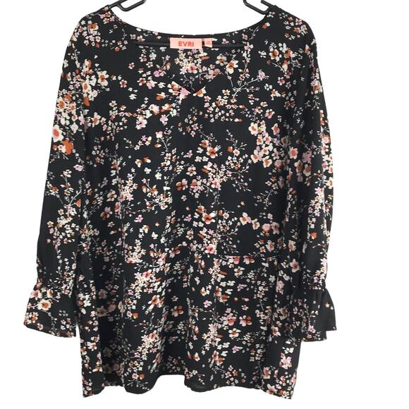 EVRI Tops - EVRI Blouse Floral Bohemian Side Ties V‎ Neck Bell Sleeve Womens 1X Peplum Top